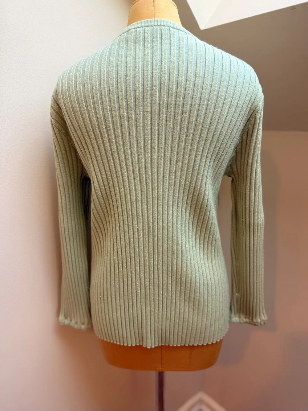 Tory Burch Metallic Lurex Striped Mint Green Ribbed Button-Front Cardigan Large